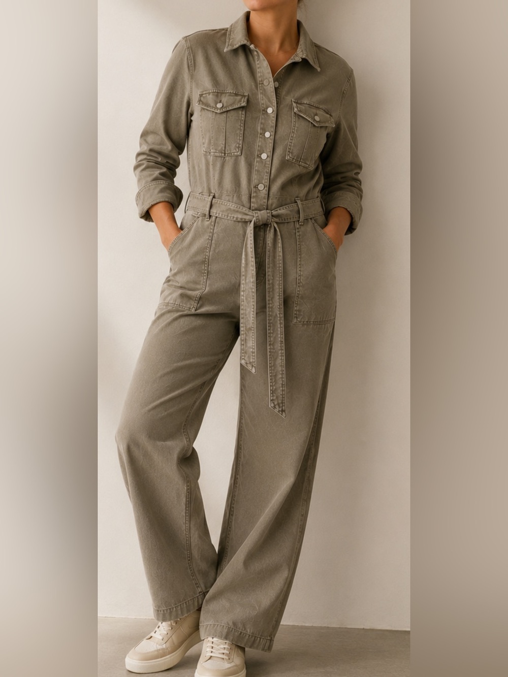Lane Bryant 24W Utility Jumpsuit Wide Leg Belted Denim Plus Size Beige